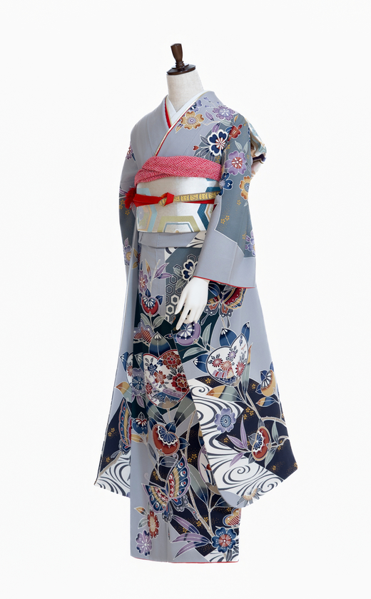 紅型橘に蝶々と四季花（横向き）